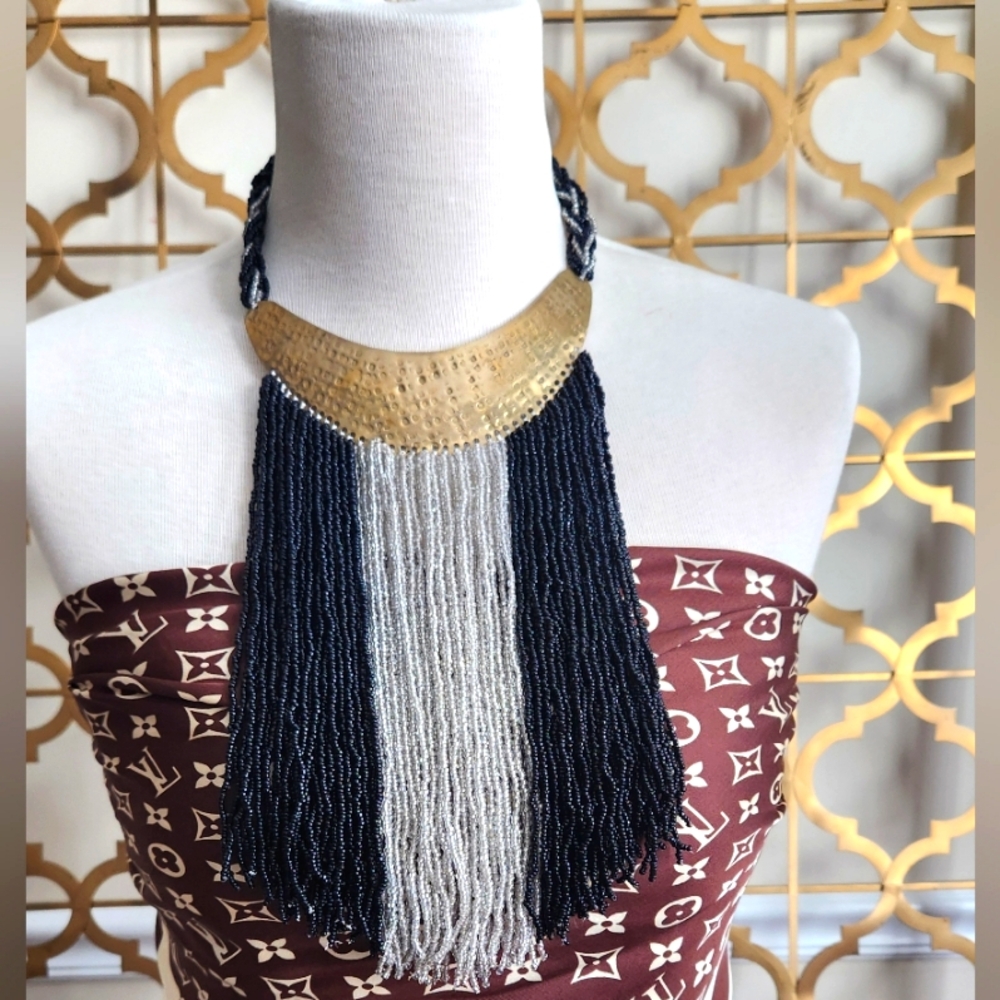 Hand Hammered Brass, White and Black Beaded Statement Necklace